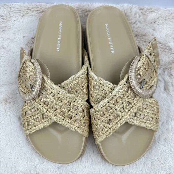 MARC FISHER Women Welti Woven Suntan Natural Tan Slide Sandals Sz. 5.5 - Picture 8 of 13